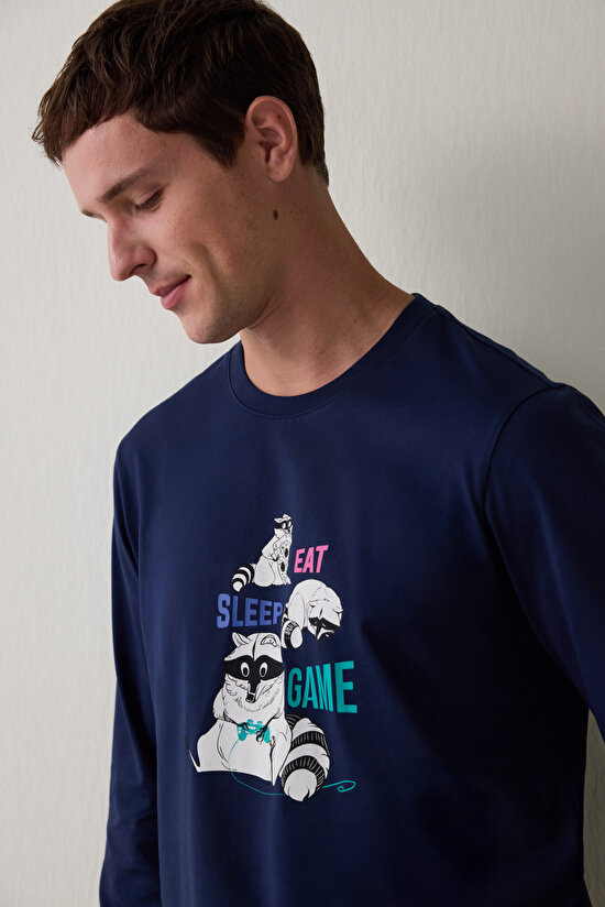 Erkek Bisiklet Yaka Hayvan Desenli Pijama Takımı - 4