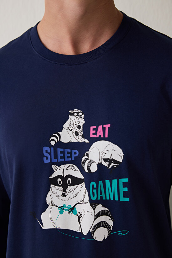 Erkek Bisiklet Yaka Hayvan Desenli Pijama Takımı - 5