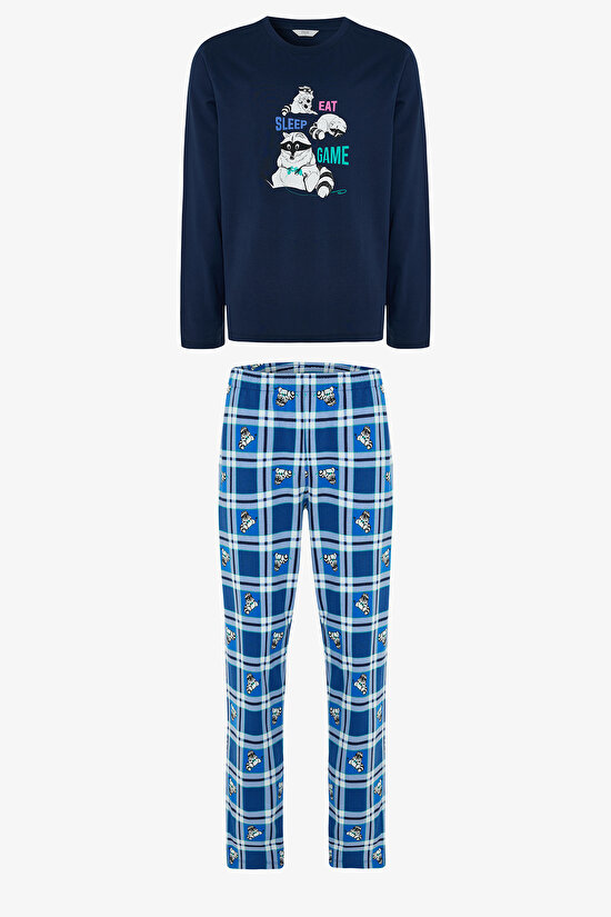 Erkek Bisiklet Yaka Hayvan Desenli Pijama Takımı - 7