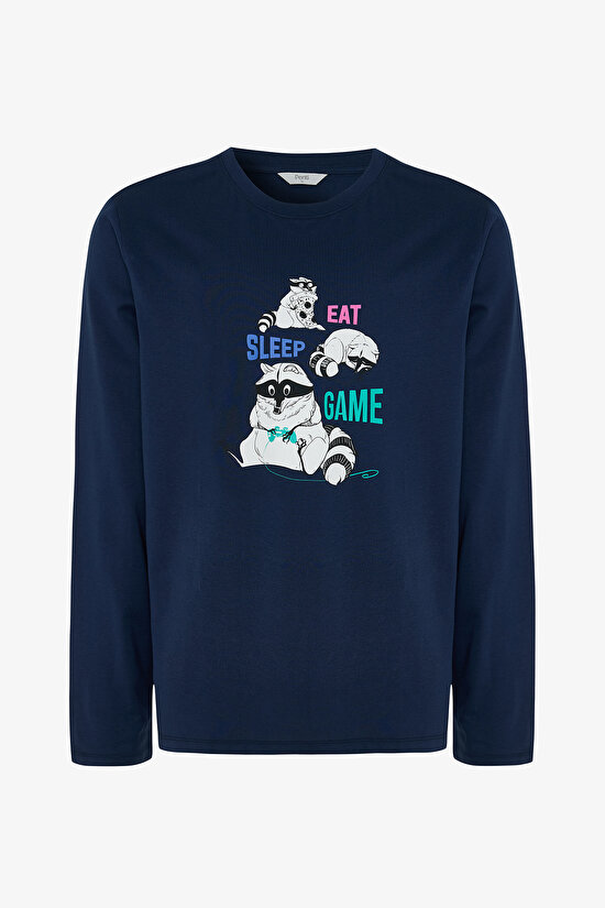 Erkek Bisiklet Yaka Hayvan Desenli Pijama Takımı - 8