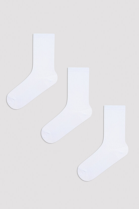 Basic Rib Beyaz 3lü Soket Çorap - 1