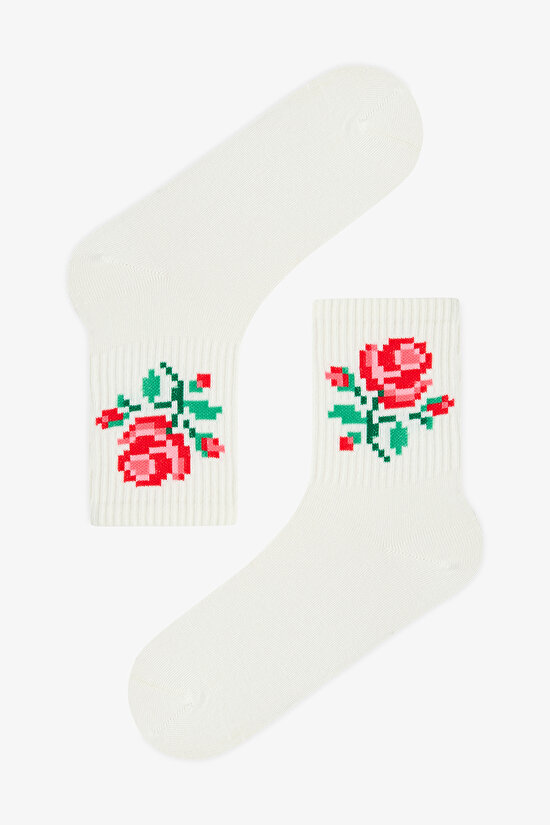 Beyaz - Multi Pixel Rose 2'li Soket Çorap - 3
