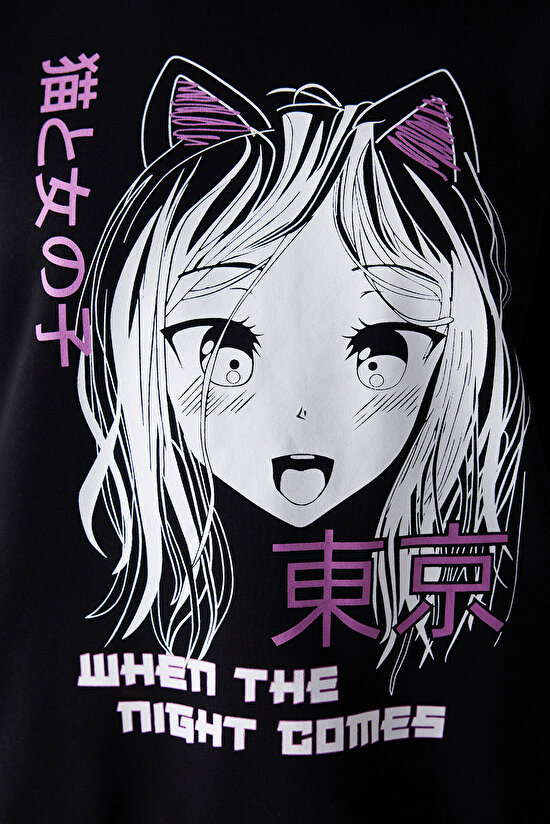 Siyah Kapşonlu Anime Baskı Oversize Sweatshirt - 5