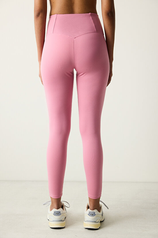 Pembe Yüksek Bel Stitch Waist Dikiş Detaylı Bilek Boy Tayt - 4