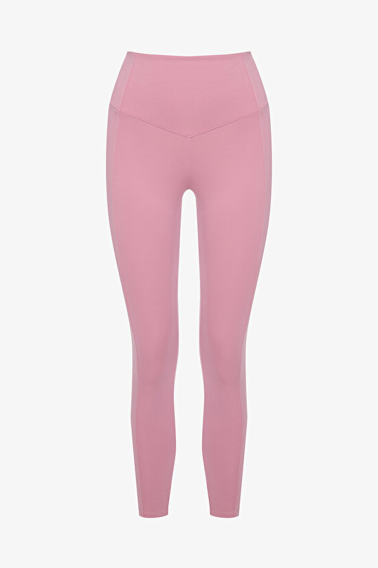Pembe Yüksek Bel Stitch Waist Dikiş Detaylı Bilek Boy Tayt - 5