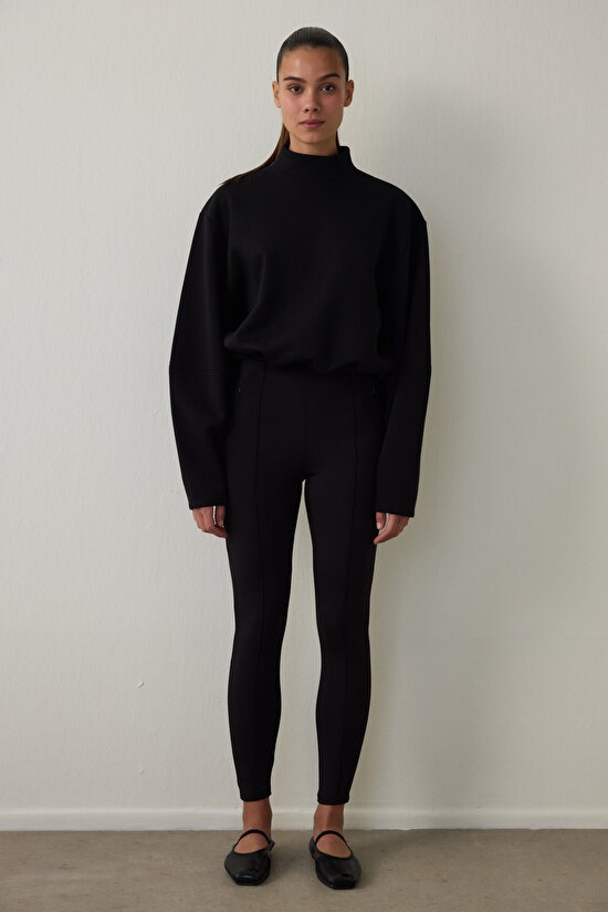 Siyah Gizli Cep Görünümlü Yüksek Bel Tayt - 4