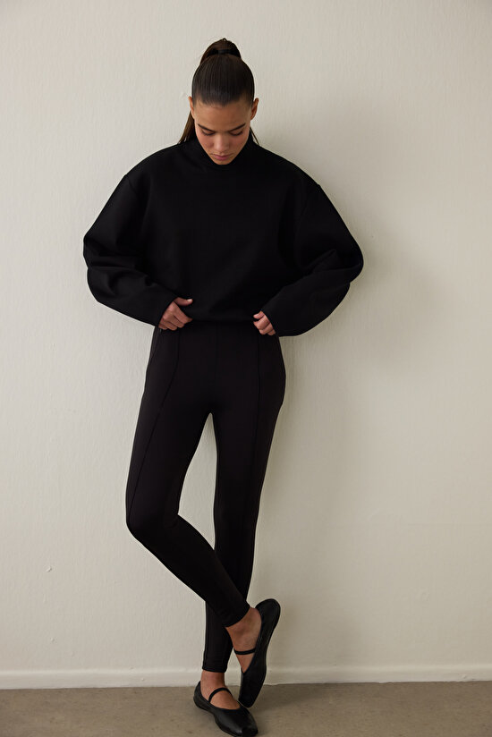 Siyah Gizli Cep Görünümlü Yüksek Bel Tayt - 5