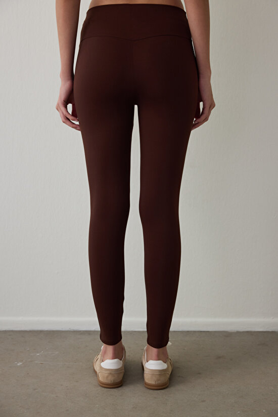 Kahverengi Gizli Cep Görünümlü Yüksek Bel Tayt - 3