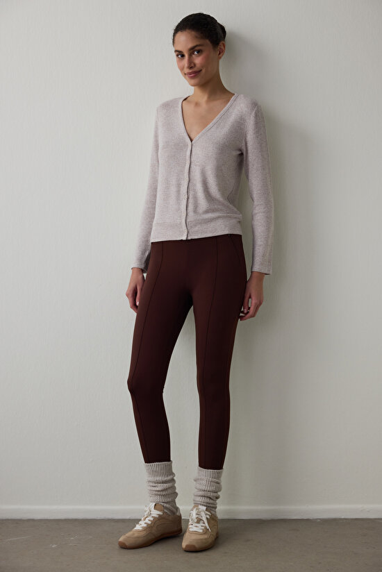 Kahverengi Gizli Cep Görünümlü Yüksek Bel Tayt - 5