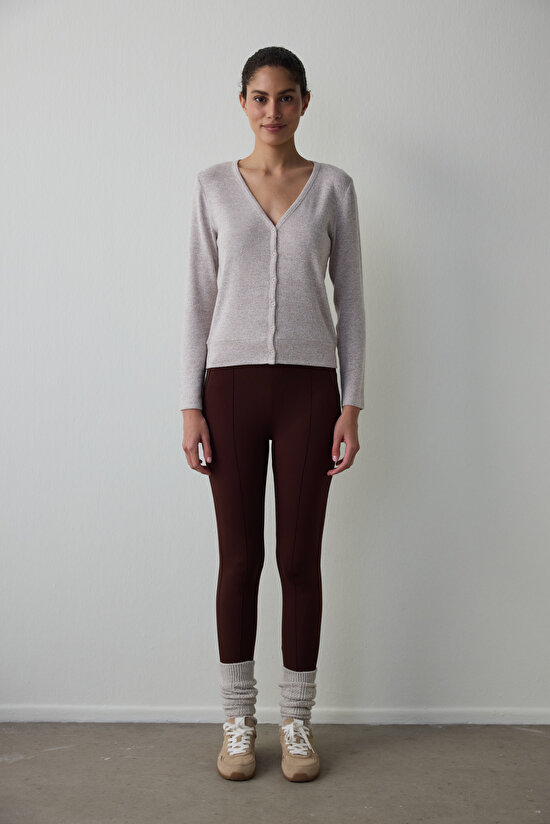 Kahverengi Gizli Cep Görünümlü Yüksek Bel Tayt - 6