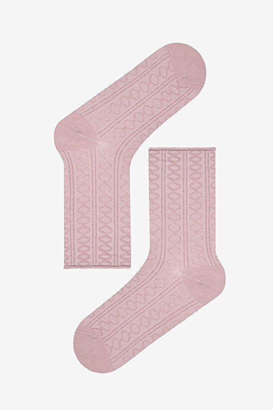 Jacquard Beyaz Açık Pembe Burun Dikişsiz Pantolon Çorabı - 3