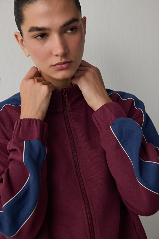 Burgundy Zippered Stand Collar Sports Jacket - 3