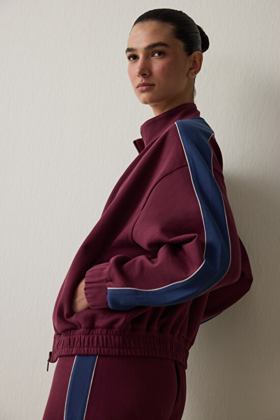 Burgundy Zippered Stand Collar Sports Jacket - 4