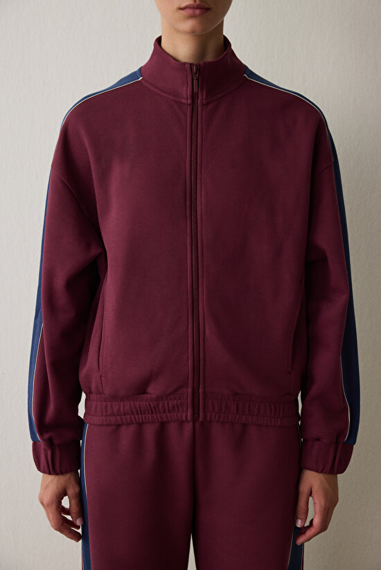 Burgundy Zippered Stand Collar Sports Jacket - 5