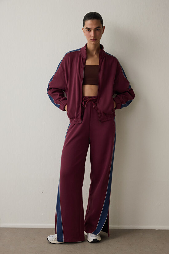 Burgundy Zippered Stand Collar Sports Jacket - 6