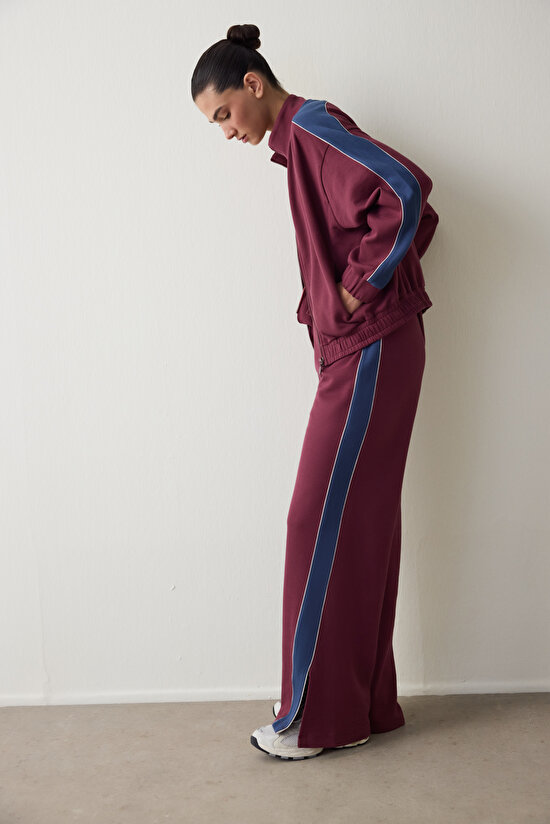 Burgundy Zippered Stand Collar Sports Jacket - 7