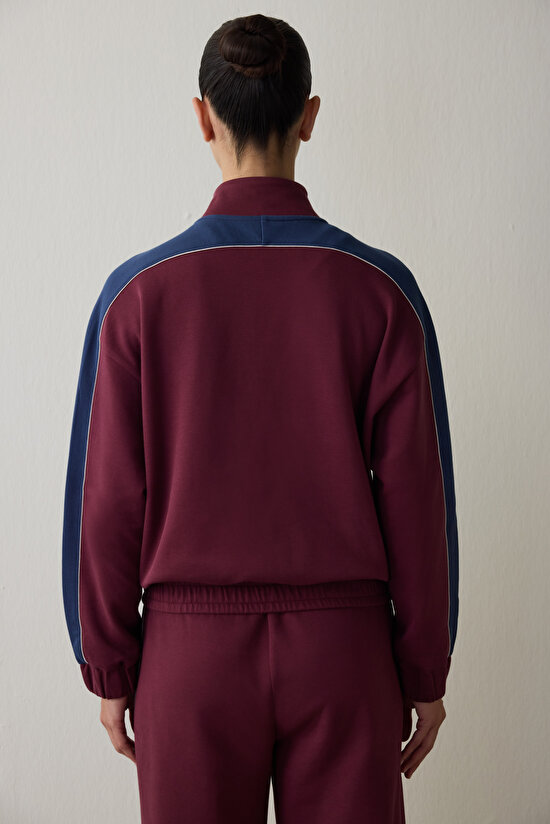 Burgundy Zippered Stand Collar Sports Jacket - 8