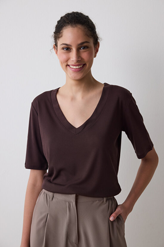 V Neck Brown Tee - 1