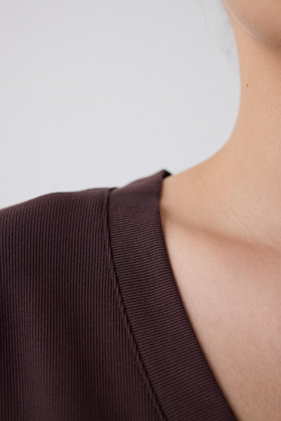 V Neck Brown Tee - 3