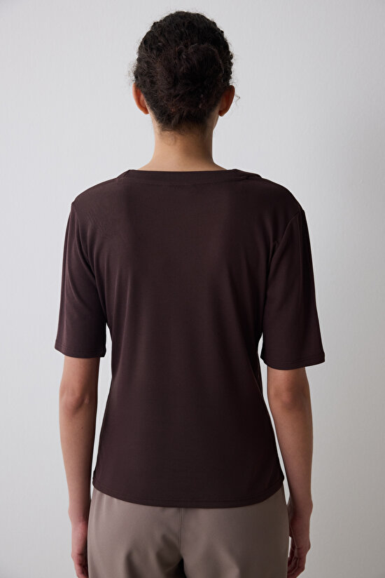 V Neck Brown Tee - 4