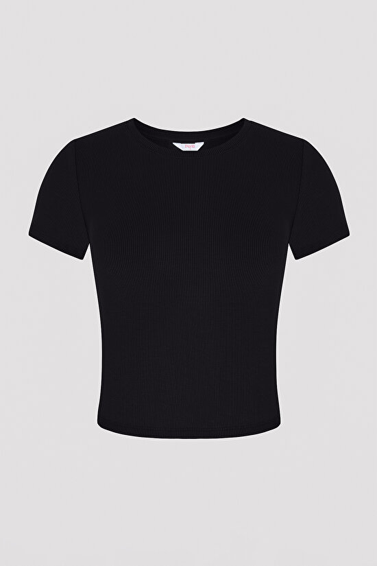 Crew Neck Black Basic T-Shirt - 8