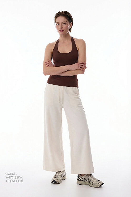 Beyaz Yüksek Bel Crop Modal Pantolon - 4