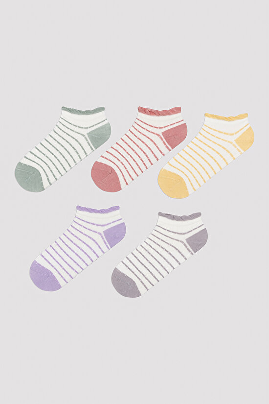 Colorful Lined Frill Beyaz 5li Patik Çorap - 1
