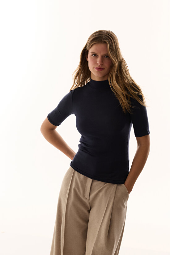 Navy Turtle Neck Cashmere Top - 1