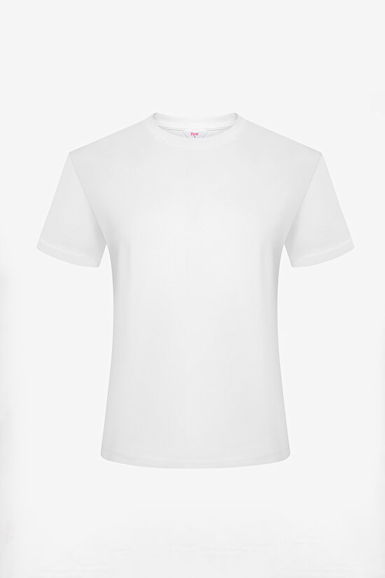 Beyaz Bisiklet Yaka Basic Dar Kesim Tişört - 7