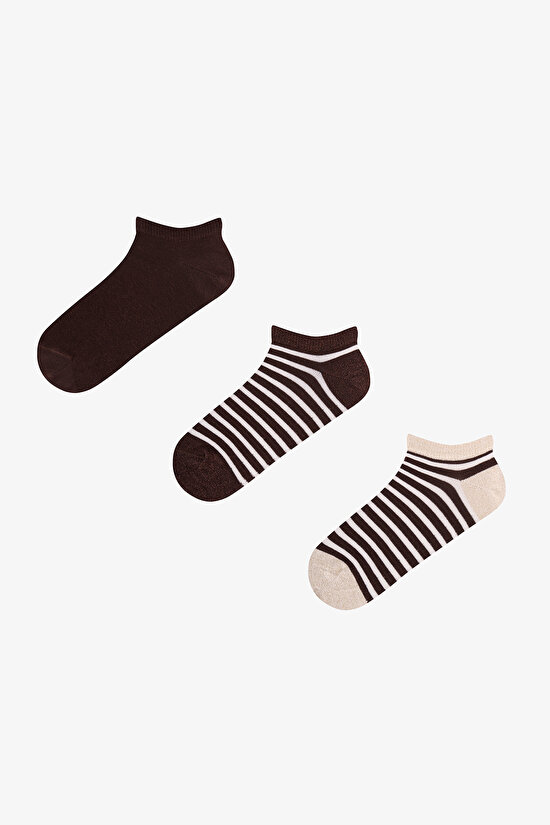 Brown Shiny Striped Cotton Glitter 3 Pack Liner Socks - 1