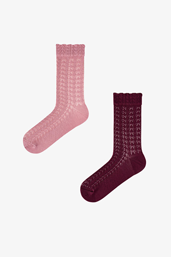 Pembe Bordo Silky Colosio Ajur Desenli Pamuklu 2 Çift Soket Çorap - 1