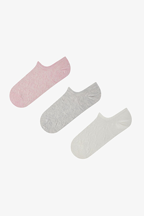 3 Çift Burun Dikişsiz Pamuklu Renkli Kendinden Fiyonk Desenli Sneaker Çorap - 1