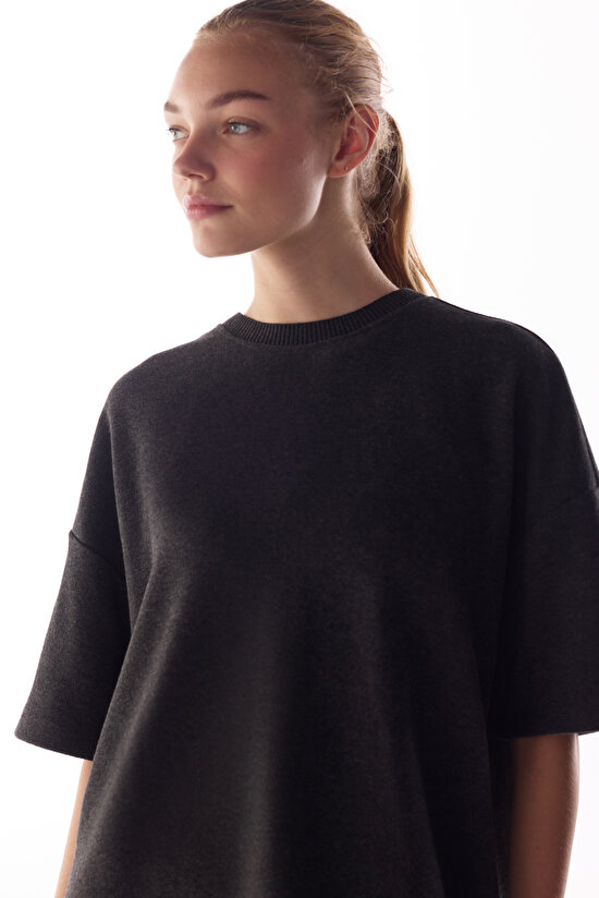 Anthracite Warm Touch Melange Short Sleeve Oversize Blouse - 2