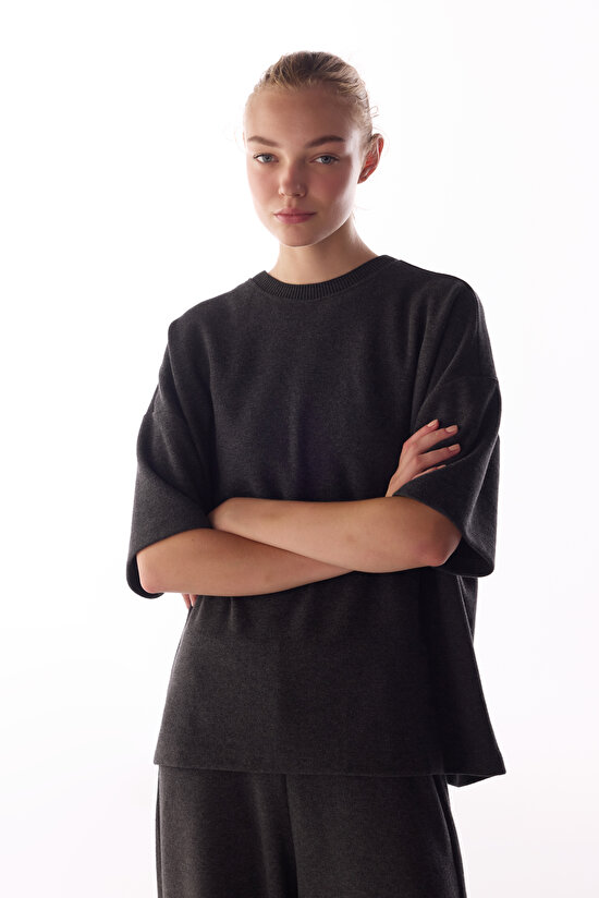 Anthracite Warm Touch Melange Short Sleeve Oversize Blouse - 3