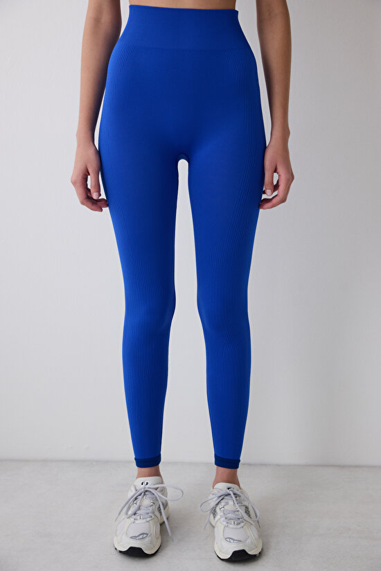 Sporty Contrast Seamless Saks Mavi Tayt - 3
