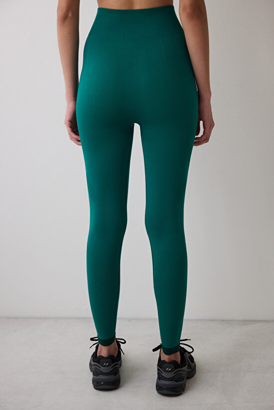 Yeşil Yüksek Bel Kontrast Dikişsiz Seamless Bilek Boy Tayt - 3