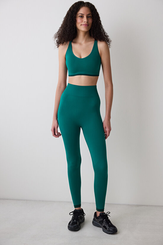 Yeşil Yüksek Bel Kontrast Dikişsiz Seamless Bilek Boy Tayt - 6