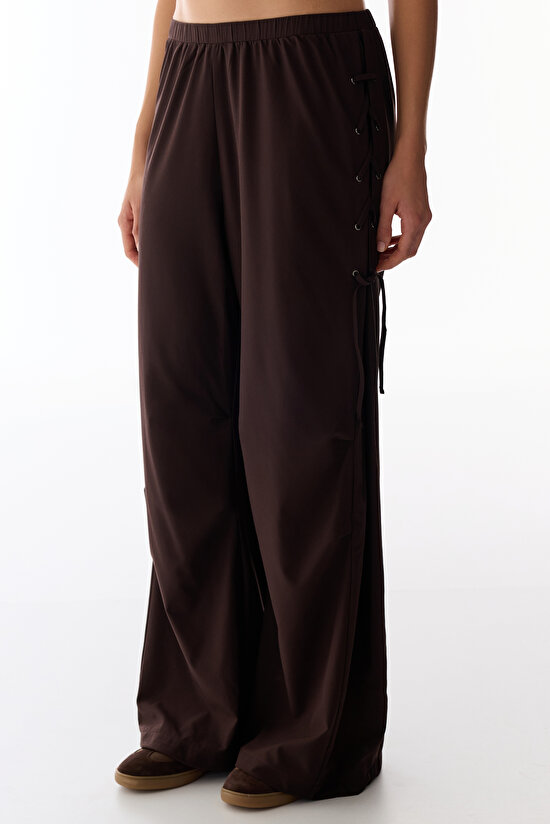 Dark Brown Hem Detail High-Waisted Pants - 2