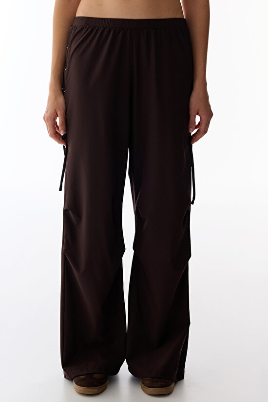 Dark Brown Hem Detail High-Waisted Pants - 3