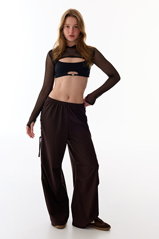 Dark Brown Hem Detail High-Waisted Pants - 5