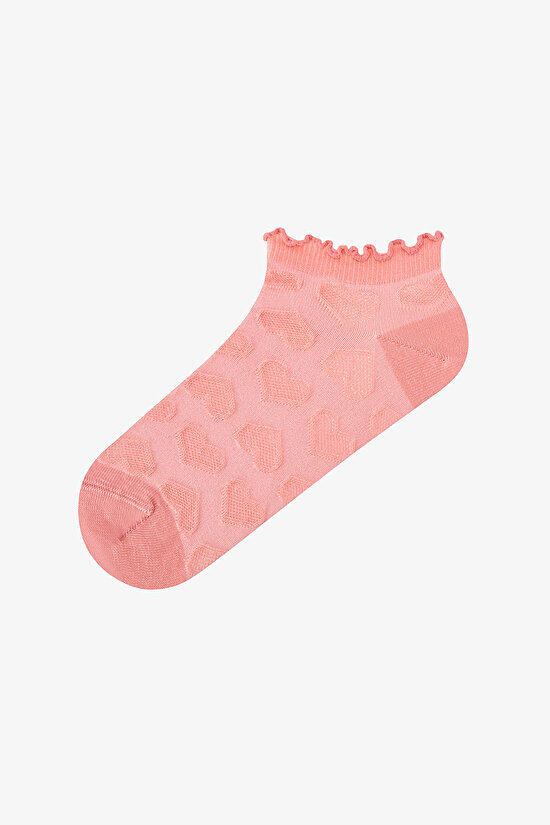 3 Çift Burun Dikişsiz Pamuklu Renkli Kendinden Kalp Desenli Fırfırlı Patik Çorap - 2