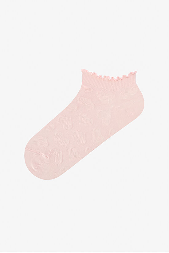 3 Çift Burun Dikişsiz Pamuklu Renkli Kendinden Kalp Desenli Fırfırlı Patik Çorap - 4