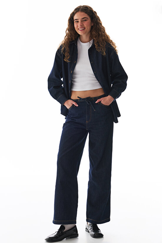 Dark Blue Denim Straight-Leg Pants - 2
