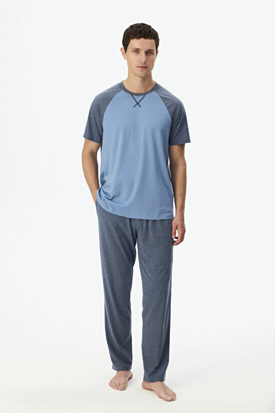 Erkek Tailored Blue Pantolon Kısa Kollu Pijama Takımı - 1