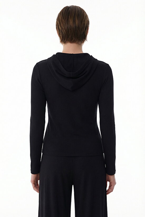 Siyah Hooded Ribbed Modal Sweatshirt - 2