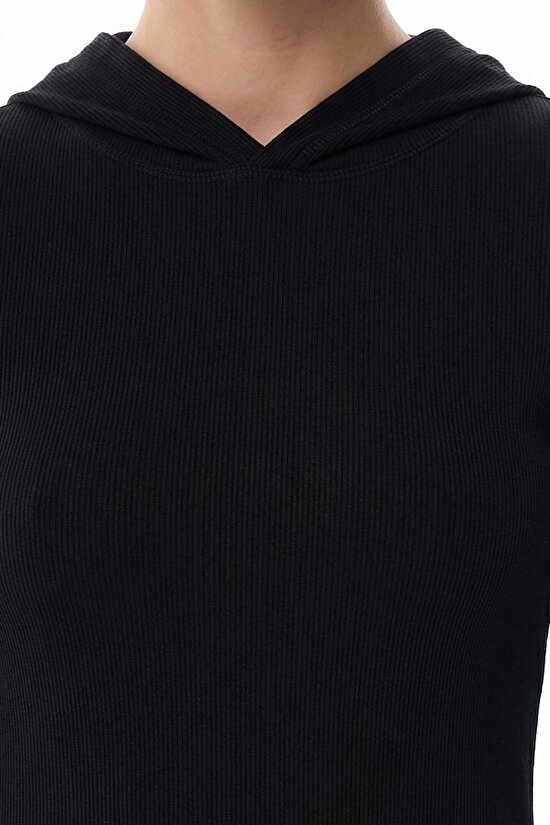 Siyah Hooded Ribbed Modal Sweatshirt - 3