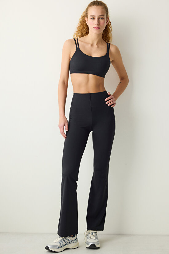 Siyah Yüksek Bel Bonding İspanyol Paça Cepli Tayt - 3