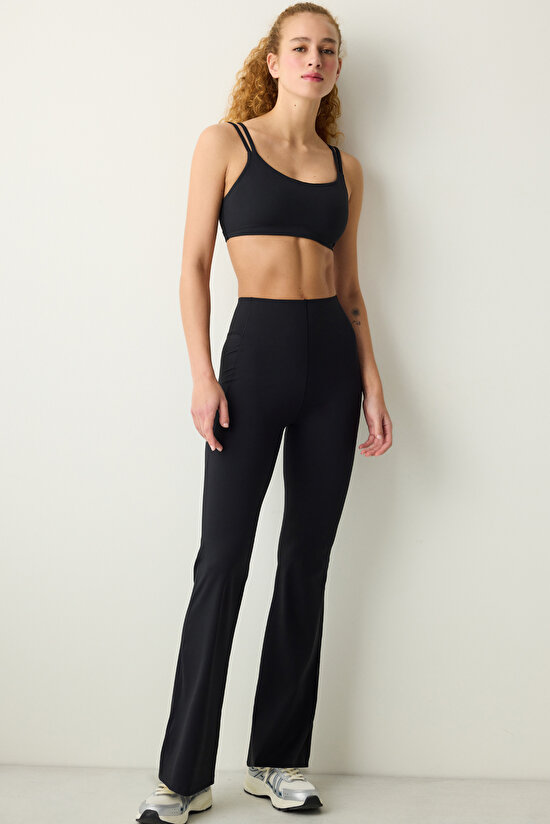 Siyah Yüksek Bel Bonding İspanyol Paça Cepli Tayt - 4