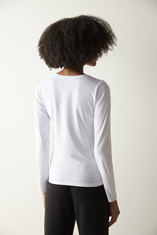 Pamuklu Beyaz Basic Uzun Kol Üst - 6