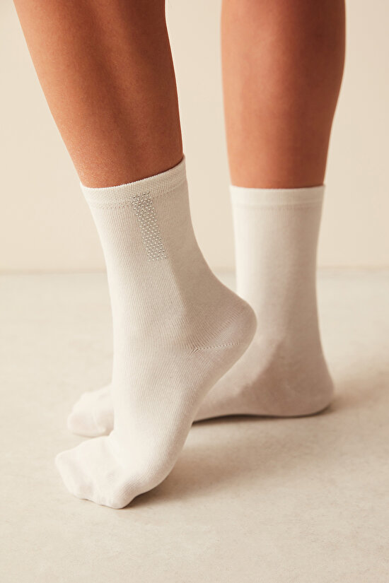 Gümüş Taşlı Beyaz Soket Çorap - 1